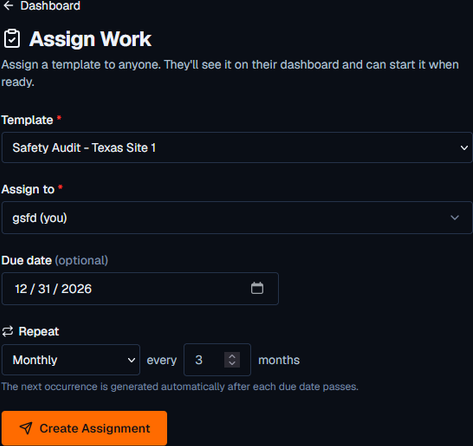 Assignment list showing scheduled inspections across the team