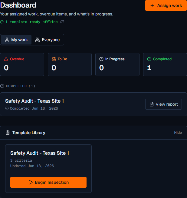 Artifact dashboard with active inspections and assignments