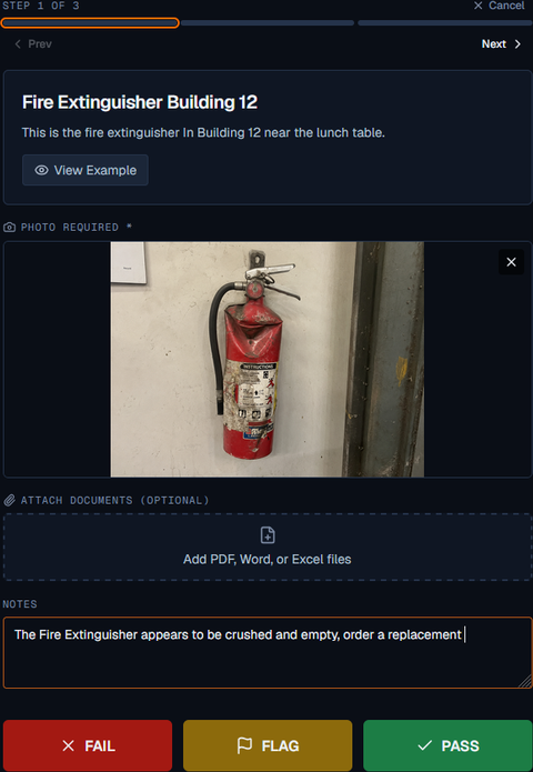 Live inspection runner with criteria checklist and photo capture